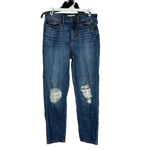SO High Rise Mom Jeans Distressed Ripped Knees Blue Denim Size 5/27 - Picture 2 of 7